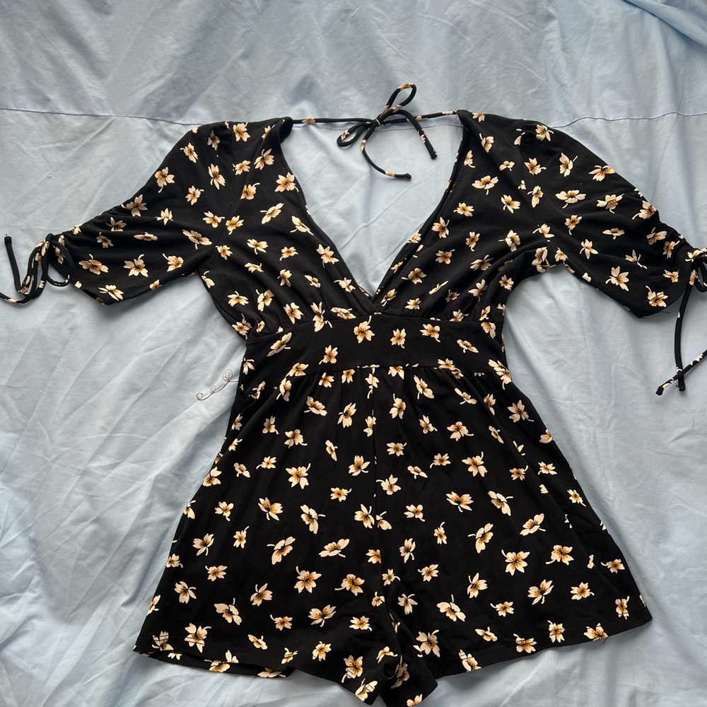 Floral Black Romper with Tie Sleeves